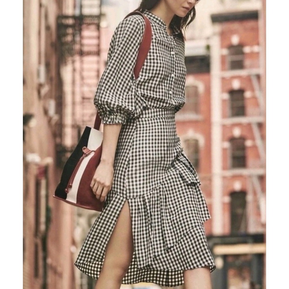 Tibi Gingham Check Plaid Black White Tiered Ruffle Viscose‎ Blend Skirt Sz 8